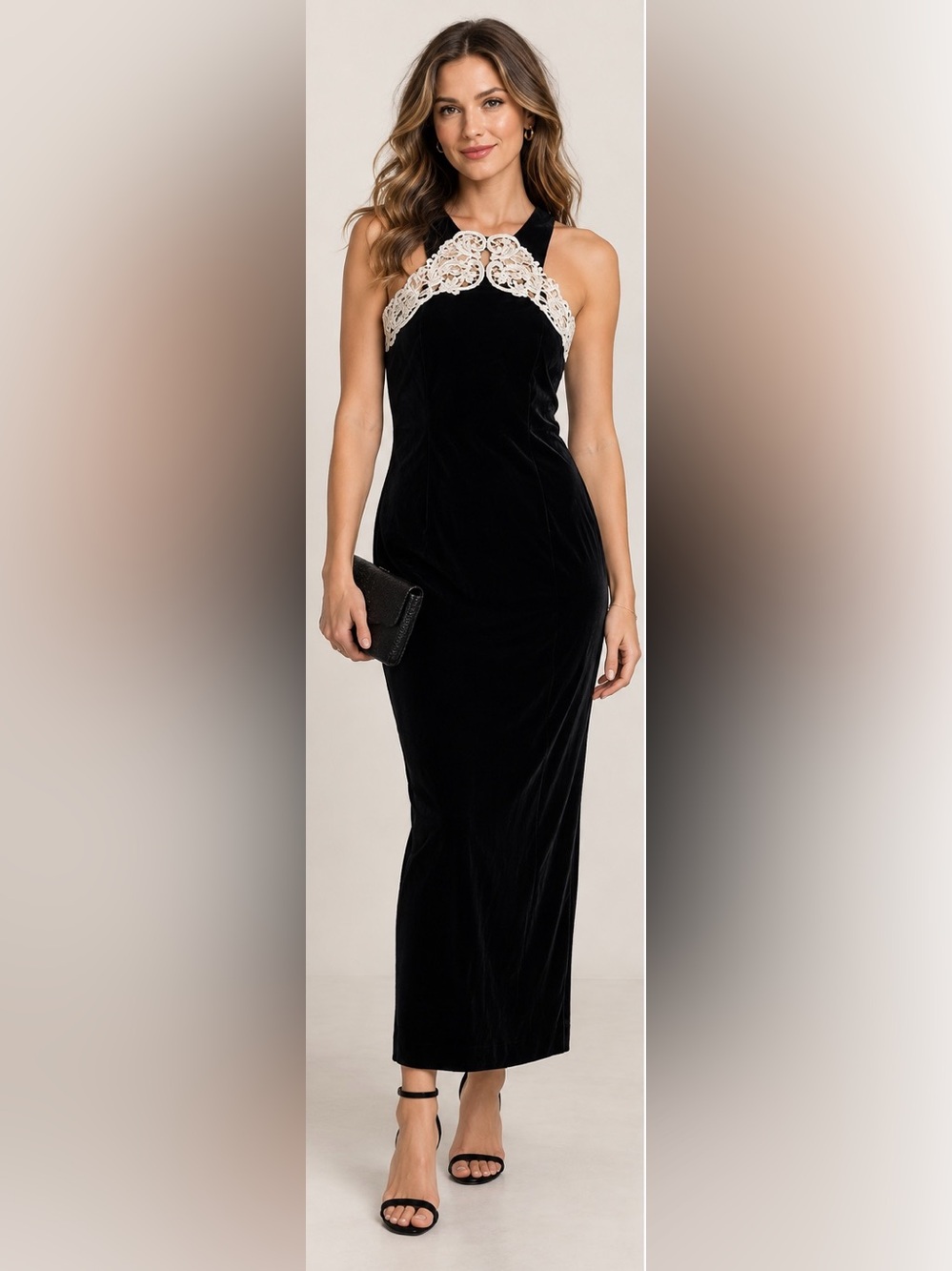 Scott McClintock Women's‎ Vintage Black Halter Maxi Velvet Dress Applique 90’s
